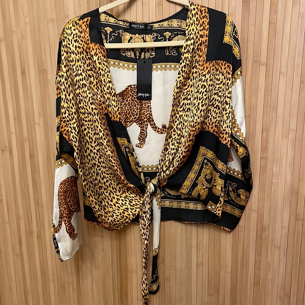 NWT - Nasty Gal Women's Leopard Print Tie-Front Blouse - Yellow/Black